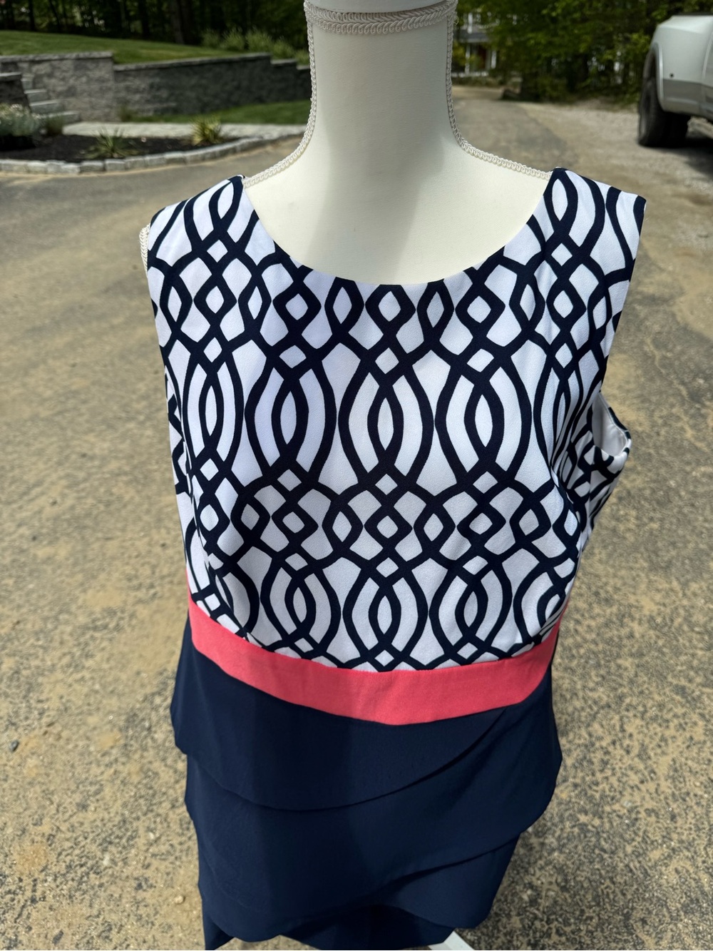 Sabina Navy, White & Coral Sleeveless Patterned Dress